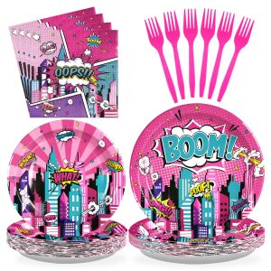 96Pcs Pink Hero Birthday Party Decorations for Girls Hot Pink Comic Hero Plates and Napkins Tableware Sets Super Theme Decorations for Kids Baby Shower Spider Hero's Themed Party Favors Serves 24