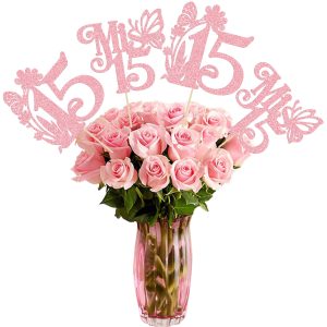 Ephlyn 12Pcs Happy 15th Birthday Centerpiece Sticks Hello 15 Sweet 15 Table Flower Centerpieces Sticks Fifteen Mis 15 Quince Floral Decorations for Cheers to 15 Theme Anniversary Party Supplies Pink