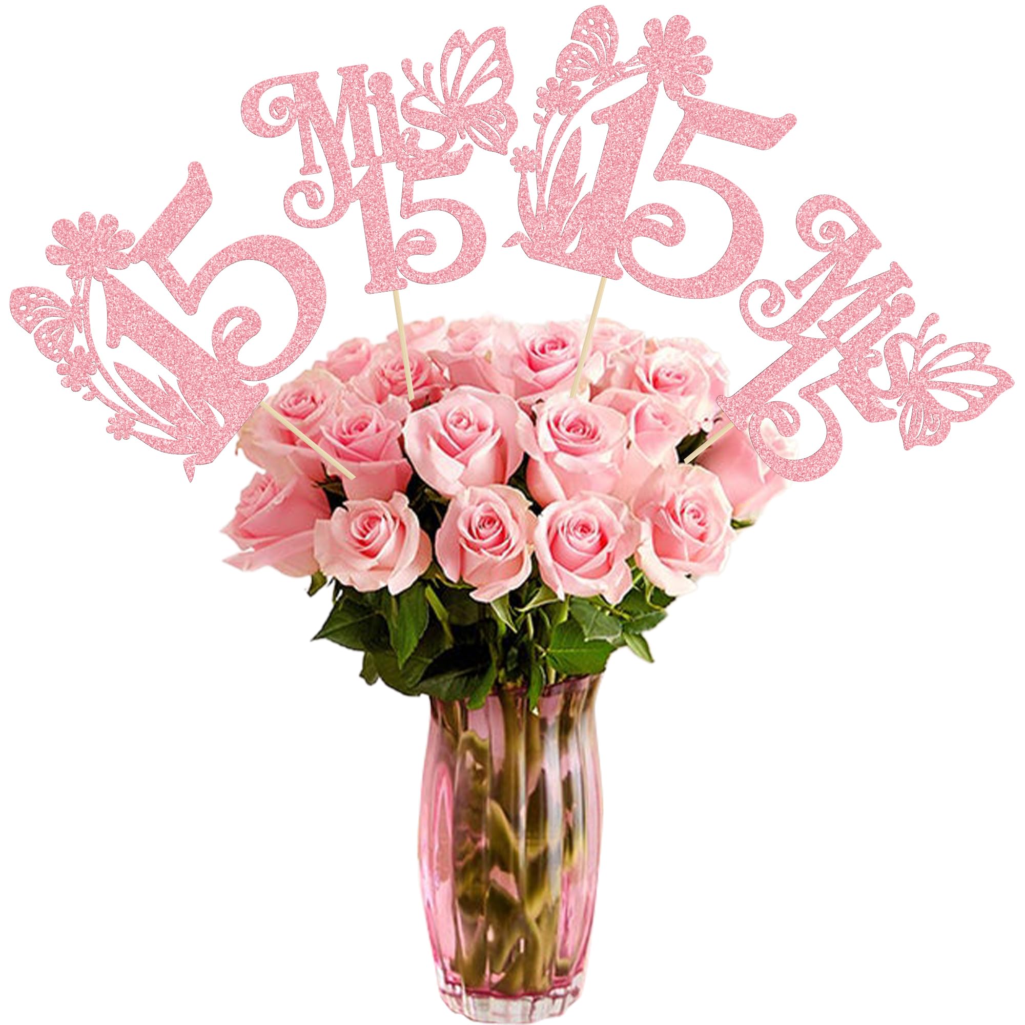 Ephlyn 12Pcs Happy 15th Birthday Centerpiece Sticks Hello 15 Sweet 15 Table Flower Centerpieces Sticks Fifteen Mis 15 Quince Floral Decorations for Cheers to 15 Theme Anniversary Party Supplies Pink