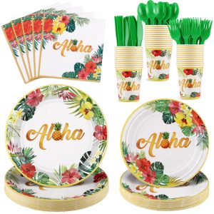 NatNarr Hawaiian Party Supplies Set, 175 Pcs Luau Plates Napkins Cups
