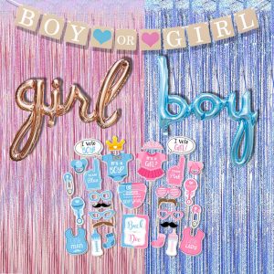 Baby Shower Photo Booth Props Gender Reveal Backdrop Baby Gender Reveal Party Supplies Boy or Girl Banner Boy Girl Foil Balloons for Party Decorations