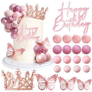 Balls Cake Toppers Happy Birthday Crown Tiara Cake Toppers for Birthday Wedding Baby Shower Party Decorations (Rose Gold Pink)