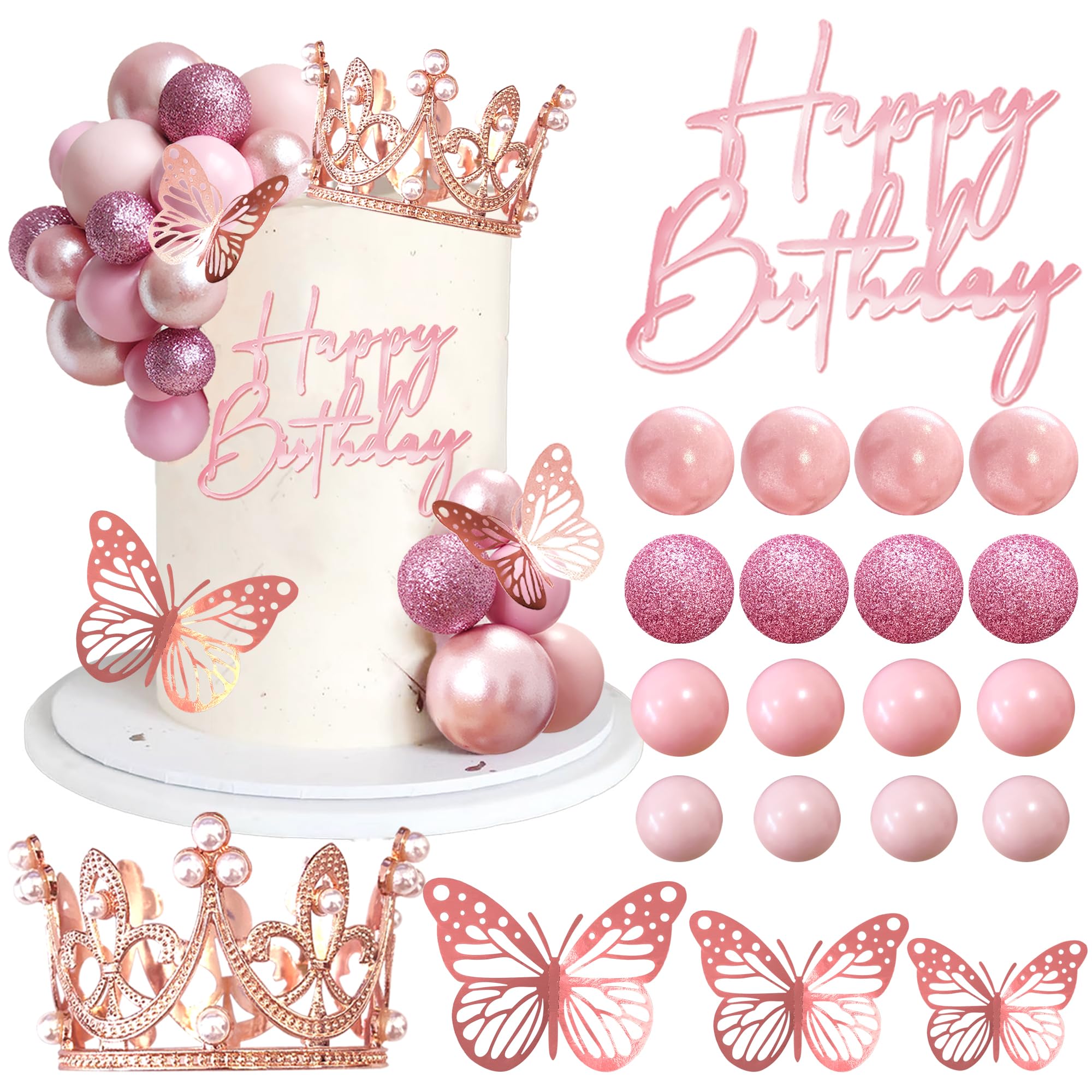 Balls Cake Toppers Happy Birthday Crown Tiara Cake Toppers for Birthday Wedding Baby Shower Party Decorations (Rose Gold Pink)