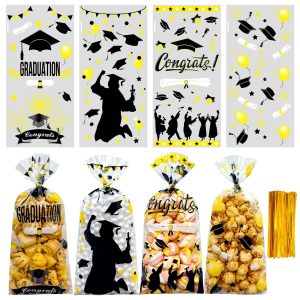Soarvita 50PCS Graduation Cellophane Treat Bags: Congrats Grad Goodie Bags with 60 Gold Twist Ties, Clear Candy Bag for Graduation Party Favors, Cookies, Popcorn, Gifts (Black Gold)