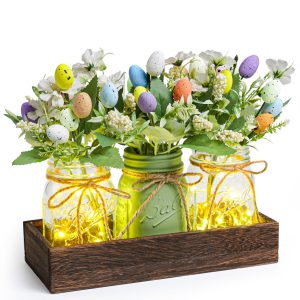 DUOER Easter Centerpiece Table Decorations for Table Runner Farmhouse Coffee Table Decor with Wood Tray and Led Light Table Centerpieces for Dining Room Kitchen Living,Green