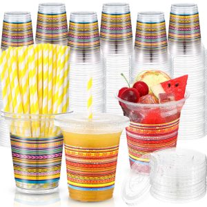 Jingmore 100 Pack 12 oz Fiesta Plastic Cups with Lids and Paper Straws Mexican Clear Disposable Cups Bulk Cinco De Mayo Party Decorations for Fiesta Taco Birthday Party Drinkware Supplies
