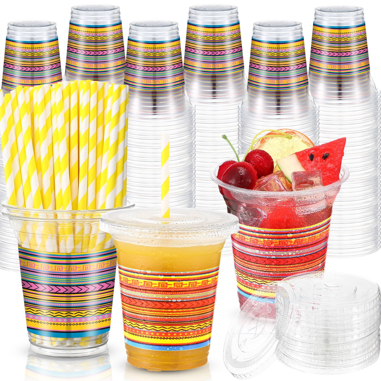 Jingmore 100 Pack 12 oz Fiesta Plastic Cups with Lids and Paper Straws Mexican Clear Disposable Cups Bulk Cinco De Mayo Party Decorations for Fiesta Taco Birthday Party Drinkware Supplies