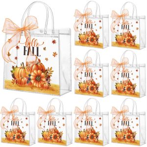 Motipuns 24 Pcs Clear PVC Fall Gift Bags with Handles Thanksgiving Party Favor Reusable Pumpkin and Leaf Designs Goodie Candy Treat Tote Bags for Autumn Harvest Party Favors Fall Snack Decorations