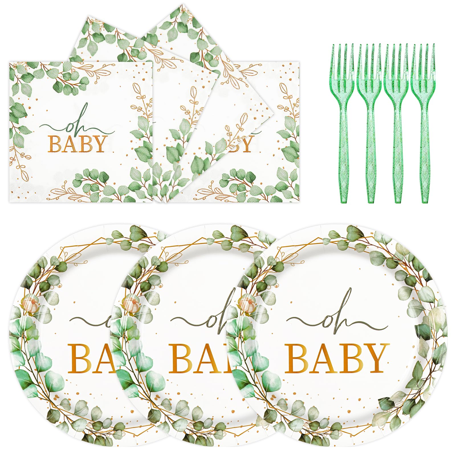 72pcs Oh Baby Eucalyptus Paper Plates and Napkins Set, 7inch Sage Greenery Baby Shower Party Plate Decorations Disposable Green Leaf Party Supplies for Boys or Girls Gender Reveal Birthday Baby Shower