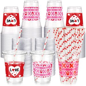 Yaomiao 300 Pcs 12 oz Valentine's Day Plastic Party Cups with Lids and Straw Valentine's Day Plastic Cup Heart Disposable Clear Tumbler Red Pink Disposable Drinking Set for Party Supply