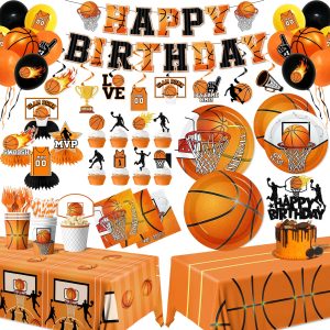Basketball Party Decorations,206pcs Basketball Birthday Decorations Include Plates And Napkins Cups,Tablecloth,Banner,Hanging Swirls,Cake Topper,Balloon for Basketball Party Supplies,Serve 24