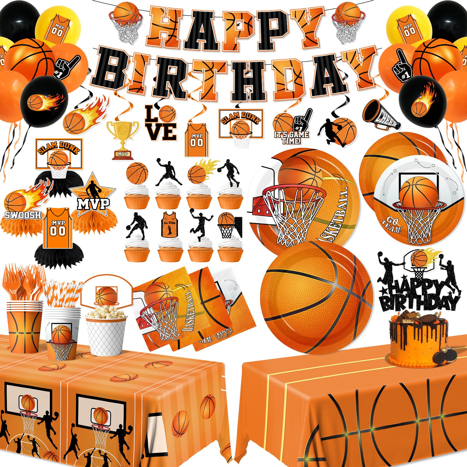 Basketball Party Decorations,206pcs Basketball Birthday Decorations Include Plates And Napkins Cups,Tablecloth,Banner,Hanging Swirls,Cake Topper,Balloon for Basketball Party Supplies,Serve 24