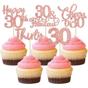 30 Pack Happy 30th Birthday Cupcake Toppers Rose Gold Glitter Thirty Cheers to 30 Cupcake Picks for Happy 30th Anniversary Party Cake Decorations Supplies