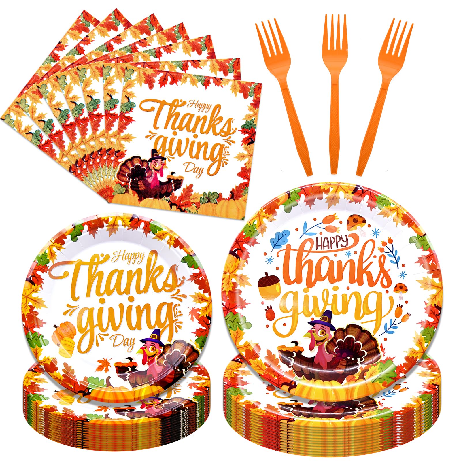 96 Pieces Happy Thanksgiving Tableware Set Party Supplies - Fall Harvest Pattern Disposable Dinnerware with Paper Plates, Napkins, Forks for Autumn and Thanksgiving Dinner BBQ Picnic Favors