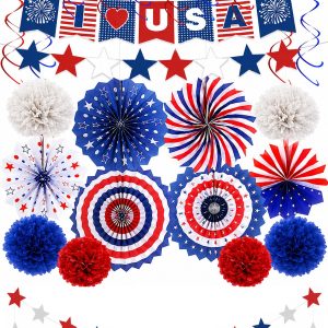 34PCS 4th of July Decorations Patriotic Decorations Love USA Banner Red White Blue Paper Fans, Star Streamer, Pom Poms, Hanging Swirls for Memorial Day Veterans Labor Presidents Flag