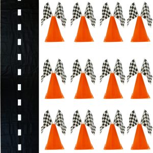 4E's Novelty Race Car Party Supplies Set, 38 Pieces, 12 Traffic Cones, 24 Checkered Flags and Racetrack Floor…