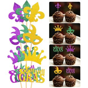 48 Pieces Glitter Mardi Gras Cupcake Toppers Masquerade Face Covering Cupcake Toppers for Masquerade Mardi Gras Party Birthday Party Decorations