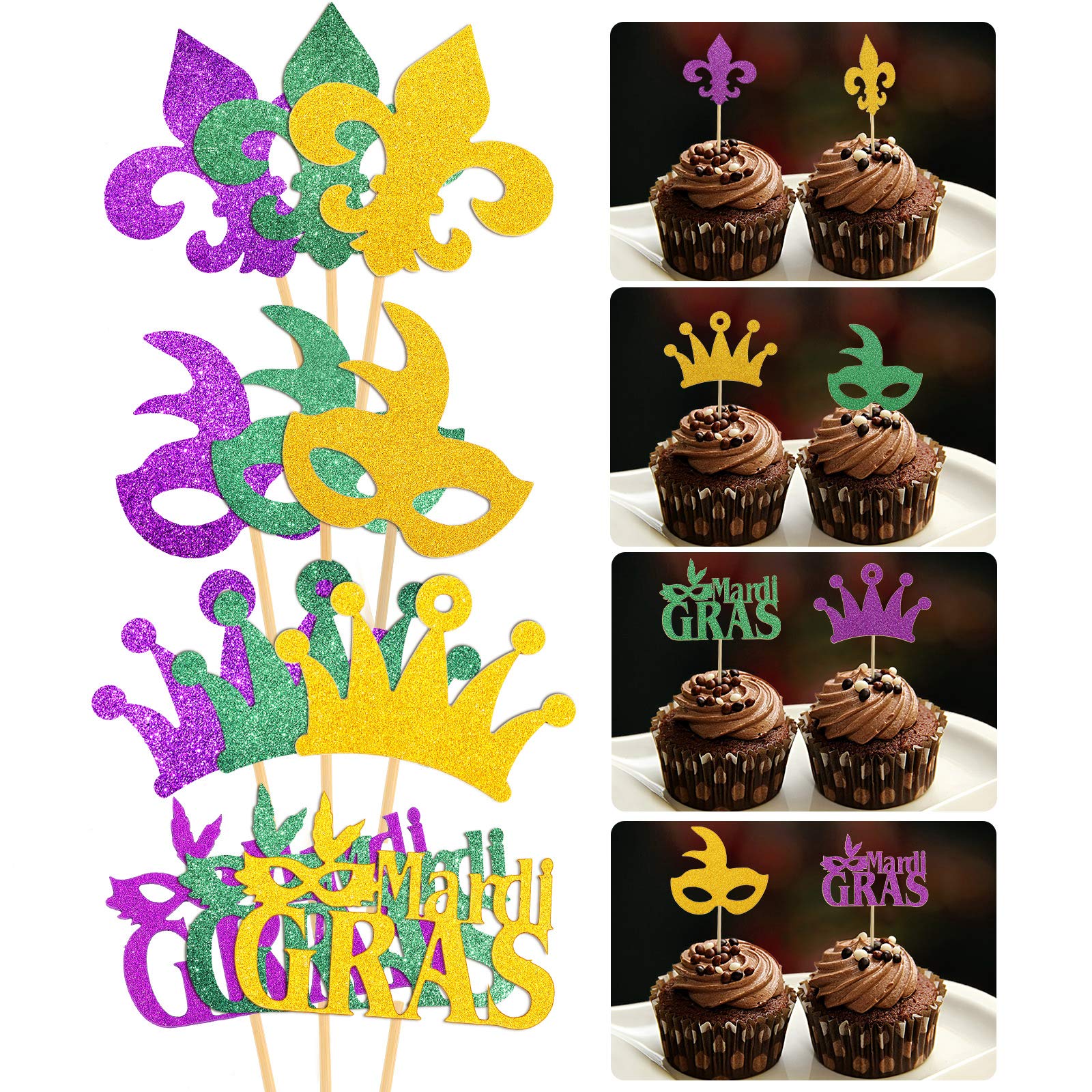 48 Pieces Glitter Mardi Gras Cupcake Toppers Masquerade Face Covering Cupcake Toppers for Masquerade Mardi Gras Party Birthday Party Decorations