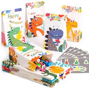 JOHOUSE 24 Pack Dinosaur Party Favor Bags with Stickers, 4 Designs