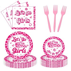 EUOYUFO Let's Go Girls Plates and Napkins Party Supplies - 96 PCS Disco Cowgirl Party decorations Cowgirl Bachelorette Party Disposable Tableware Set Serve 24 Guests