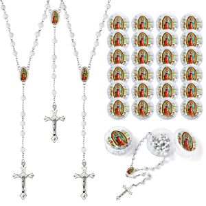 Brilucky 24 PCS White Rosary Beads Bulk For Baptism Favors,Lady Guadalupe Rosarios Catolicos First Communion Favors For Guests,Rosary Beads Necklace Gifts For Christian Quinceanera Party