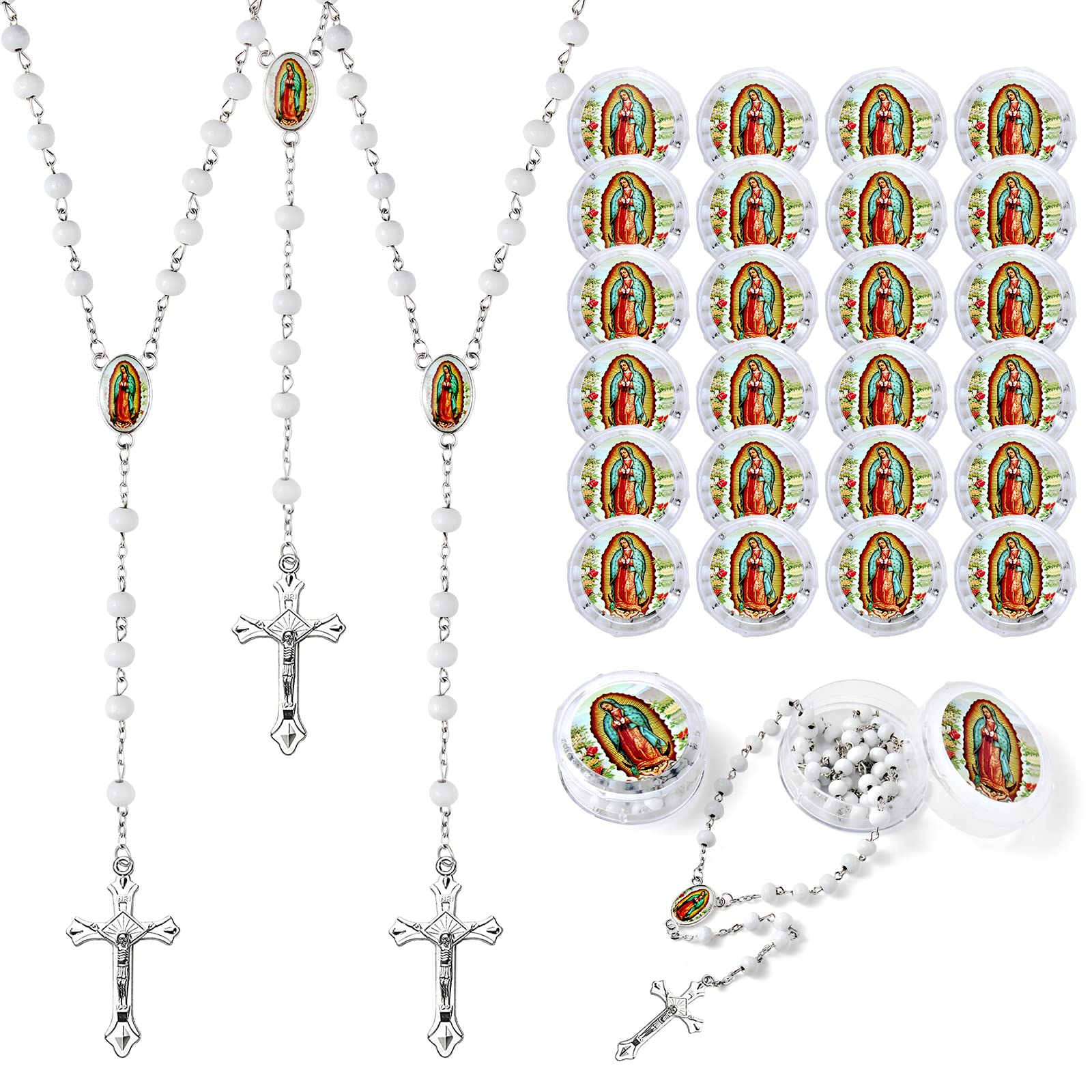 Brilucky 24 PCS White Rosary Beads Bulk For Baptism Favors,Lady Guadalupe Rosarios Catolicos First Communion Favors For Guests,Rosary Beads Necklace Gifts For Christian Quinceanera Party