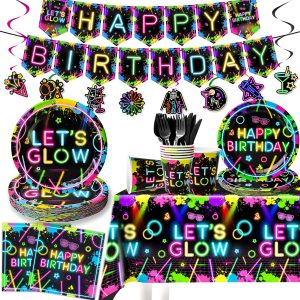 Kinovo 154Pcs Neon Party Supplies Set - Serves 24, Glow in the Dark Party Supplies, Includes Plates, Napkins, Banner, Hanging Swirls, Cups, Cutlery, Tablecloth for Glow Birthday