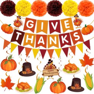 Thanksgiving Party Decorations, 19Pcs Thanksgiving Decorations With Give Thanks Banner Leaf Pumpkin Turkey Hanging Swirls for Wall Indoor Home Office Fall Party Decor