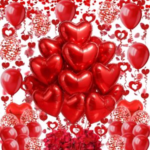Heart-Shaped Aluminum Foil Balloon,Red Latex balloons,Confetti Balloon,Fake Petals and Hanging Streamer for Valentines Wedding Bridal Shower Anniversary Engagement Party Supplies Decorations