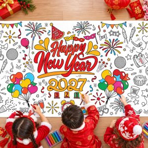 OHOME Happy New Year Giant Coloring Poster/Tablecloth - New Years Decorations 2027-30 x 72 Inches Jumbo Coloring Banner Kids Crafts Activities Party Decorations | New Years Eve Party Supplies