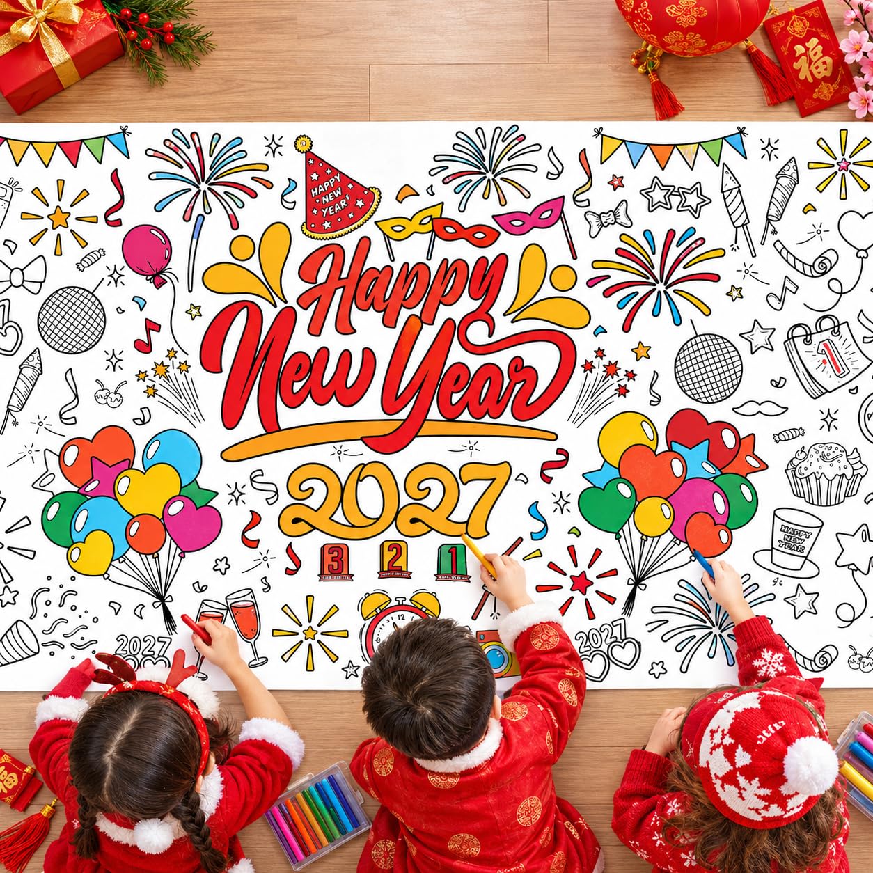 OHOME Happy New Year Giant Coloring Poster/Tablecloth - New Years Decorations 2027-30 x 72 Inches Jumbo Coloring Banner Kids Crafts Activities Party Decorations | New Years Eve Party Supplies