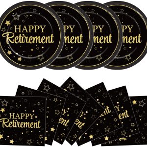 48Pcs Happy Retirement Paper Plates and Napkins Retirement Party Decorations Farewell Black and Gold Party Supplies Disposable Dinnerware Dessert Plates for Birthday Graduation Women Men Serves 24