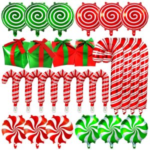 32 Pcs Christmas Balloons, Foil Candy Cane Swirl Balloons, Large Candy Mylar Red Green Balloon Kit for Christmas Party Birthday Candy Themed Party Decorations