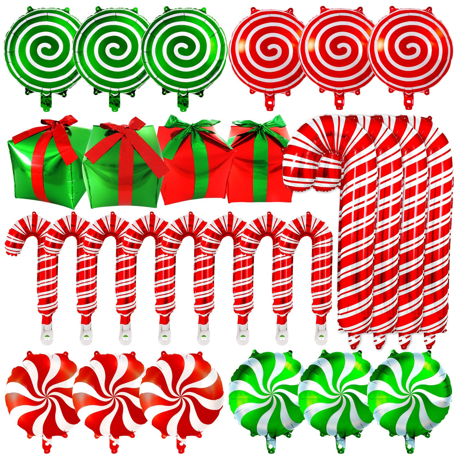 32 Pcs Christmas Balloons, Foil Candy Cane Swirl Balloons, Large Candy Mylar Red Green Balloon Kit for Christmas Party Birthday Candy Themed Party Decorations