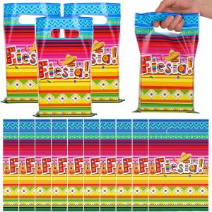 Whaline 72 Pcs Mexican Fiesta Party Favor Bags Cinco de Mayo Plastic Treat Bags with Handles Goodie Candy Bag for Mexico Themed Birthday Baby Shower Party Gift Wrapping Supplies