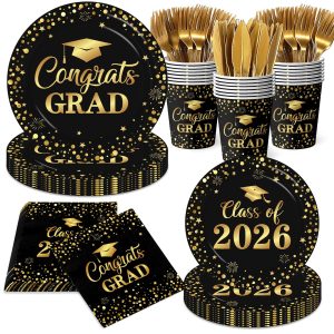 Graduation Plates and Napkins 2026, Black and Gold Graduation Decorations, Disposable Congrats Grad Paper Plates Napkins Cups for Class of 2026 Party Supplies, Serve 25