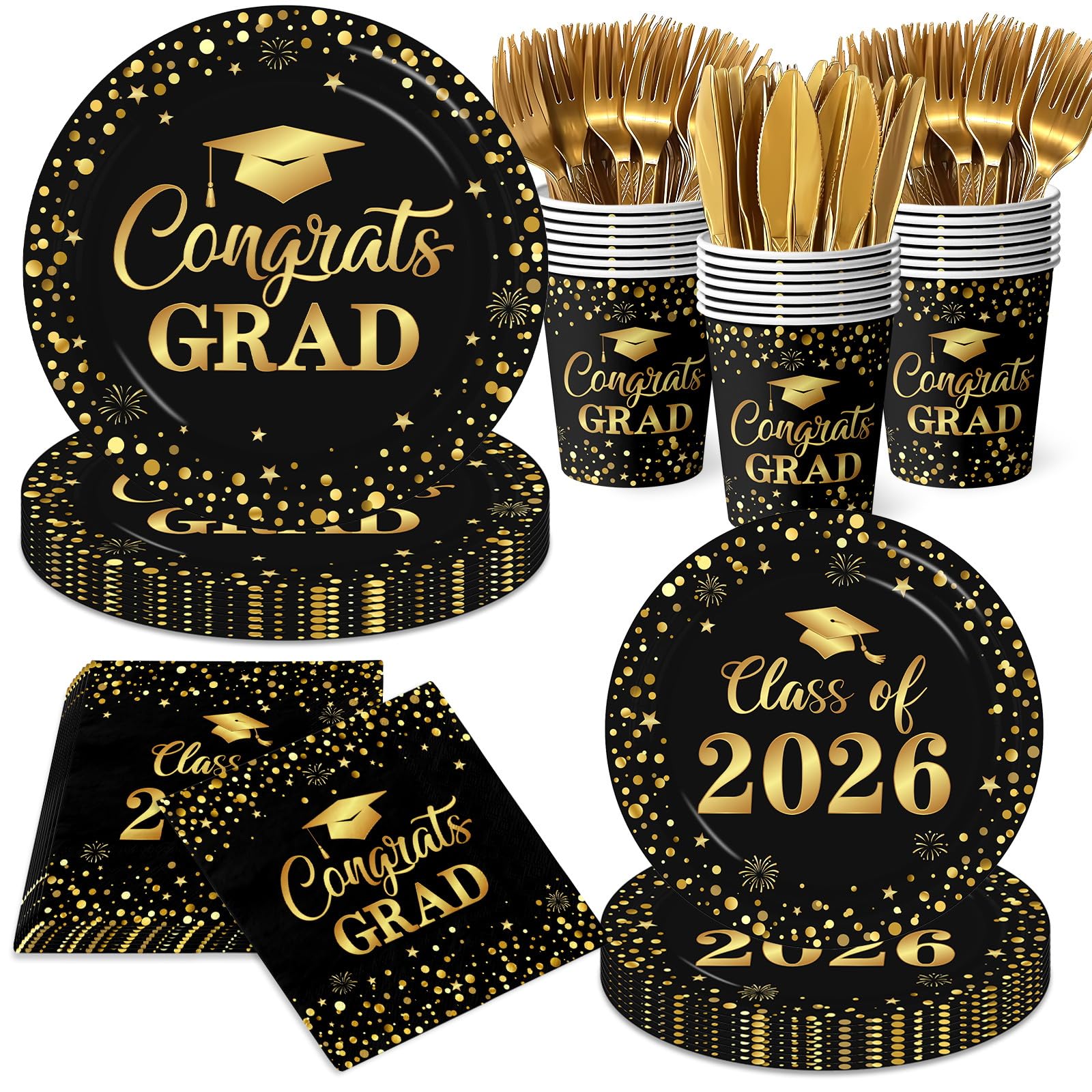 Graduation Plates and Napkins 2026, Black and Gold Graduation Decorations, Disposable Congrats Grad Paper Plates Napkins Cups for Class of 2026 Party Supplies, Serve 25