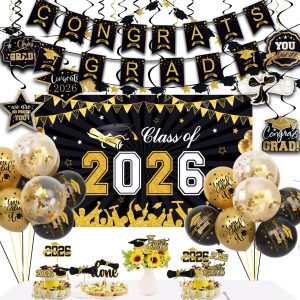 Graduation Decorations 2026 Set include Class of 2026 Backdrop, Congrats Grad Banner, Balloons and Cupcake Toppers for 2026 Balloons Graduation Party Supplies