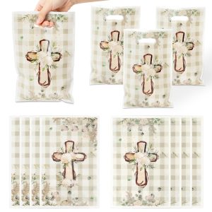 ANGOLIO 50Pcs White Floral God Bless Party Favor Bags Waterproof Baptism First Communion Goodie Bags with Handles Religious Christian Cross Candy Treat Gifts for Kid Easter Birthday Party Baby Shower