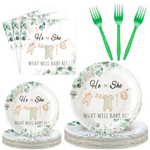 Sunnyray 96 Pcs/24 Sets Greenery Gender Reveal Plates Napkins Decorations