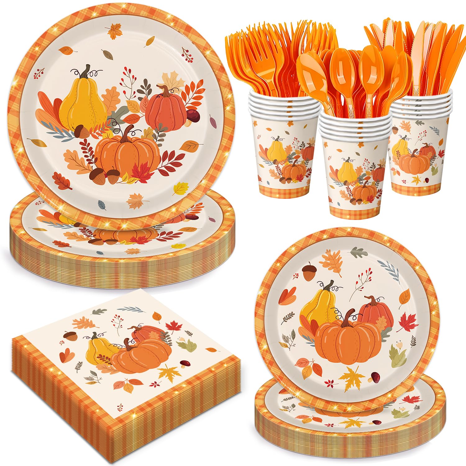 LINHAXM 168 PCS Thanksgiving Fall Party Supplies Autumn Pumpkin Tableware Set Includes Paper Plates, Napkins, Cups, Cutlery for Autumn Holiday Thanksgiving Harvest Party Decorations, Serve 24
