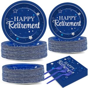 Qyeahkj 50 Guests Retirement Plates and Napkins Party Supplies Happy Retirement Party Decorations Disposable Tableware Set Sliver Blue Dinnerware Favor for Women Men Graduations Theme Party, 200PCS