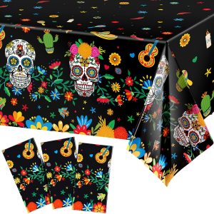 Irenare Day of the Dead Plastic Tablecloth, Sugar Skull, Black, 3 Pcs