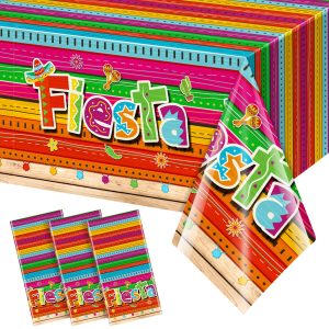 Jectivs 3 Pieces Mexican Fiesta Party Tablecloth Decorations,Plastic Cinco De Mayo Printed Table Cloth Table Cover for Fiesta Taco Night Birthday and Mexican Themed Party Supplies, 54 x 108 Inch