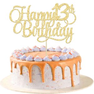 1 Pack Happy 13th Birthday Cake Topper Glitter Number 13 Thirteen Years Old Birthday Cake Pick Decoration for 13th Birthday Celebrating Anniversary Party Supplies Gold
