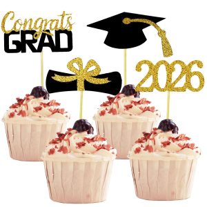 YuBoBo 2026 Graduation Cupcake Toppers, 48 PCS Food/Appetizer Picks For Graduation Party Mini Cake Decorations, Diploma, 2026, Grad Cap Set 48 Pieces (01 Gold)