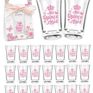STELOVIKI Quinceanera Party Favors for Guests-50 Sets 1.18oz Quinceanera Acrylic Clear Shot Glasses Bulk With Gifts Boxes Mis Quince Anos Quinceanera Sweet 15 Birthday Party Favors-Pink