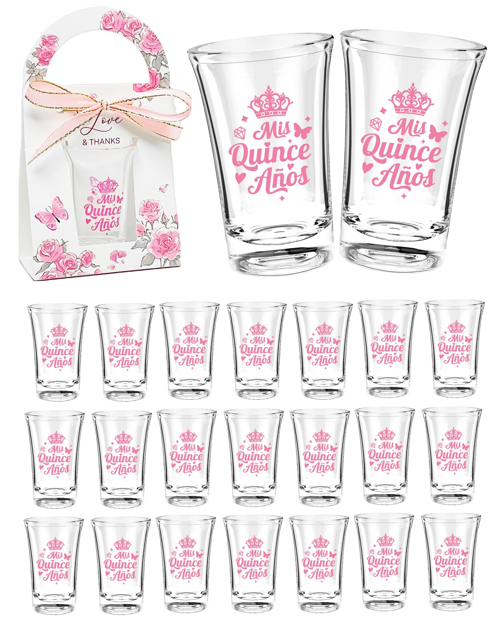 STELOVIKI Quinceanera Party Favors for Guests-50 Sets 1.18oz Quinceanera Acrylic Clear Shot Glasses Bulk With Gifts Boxes Mis Quince Anos Quinceanera Sweet 15 Birthday Party Favors-Pink