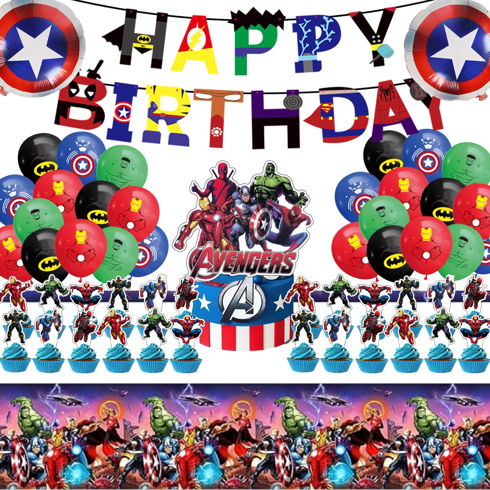 45PCS for superhero Birthday Party Supplies,Avengers Party Decorations Set Include Banner, Balloons, Cake Cupcake Toppers, Tablecloth for Girls Avengers Theme Party