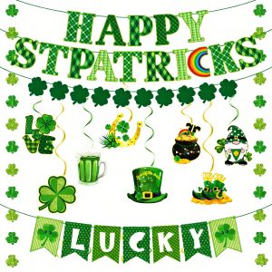 64Pcs St Patricks Day Decorations Kit Shamrock Lucky Banner Garlands Clover Hanging Swirls Irish Decor for Home Saint Patrick Party Table Supplies